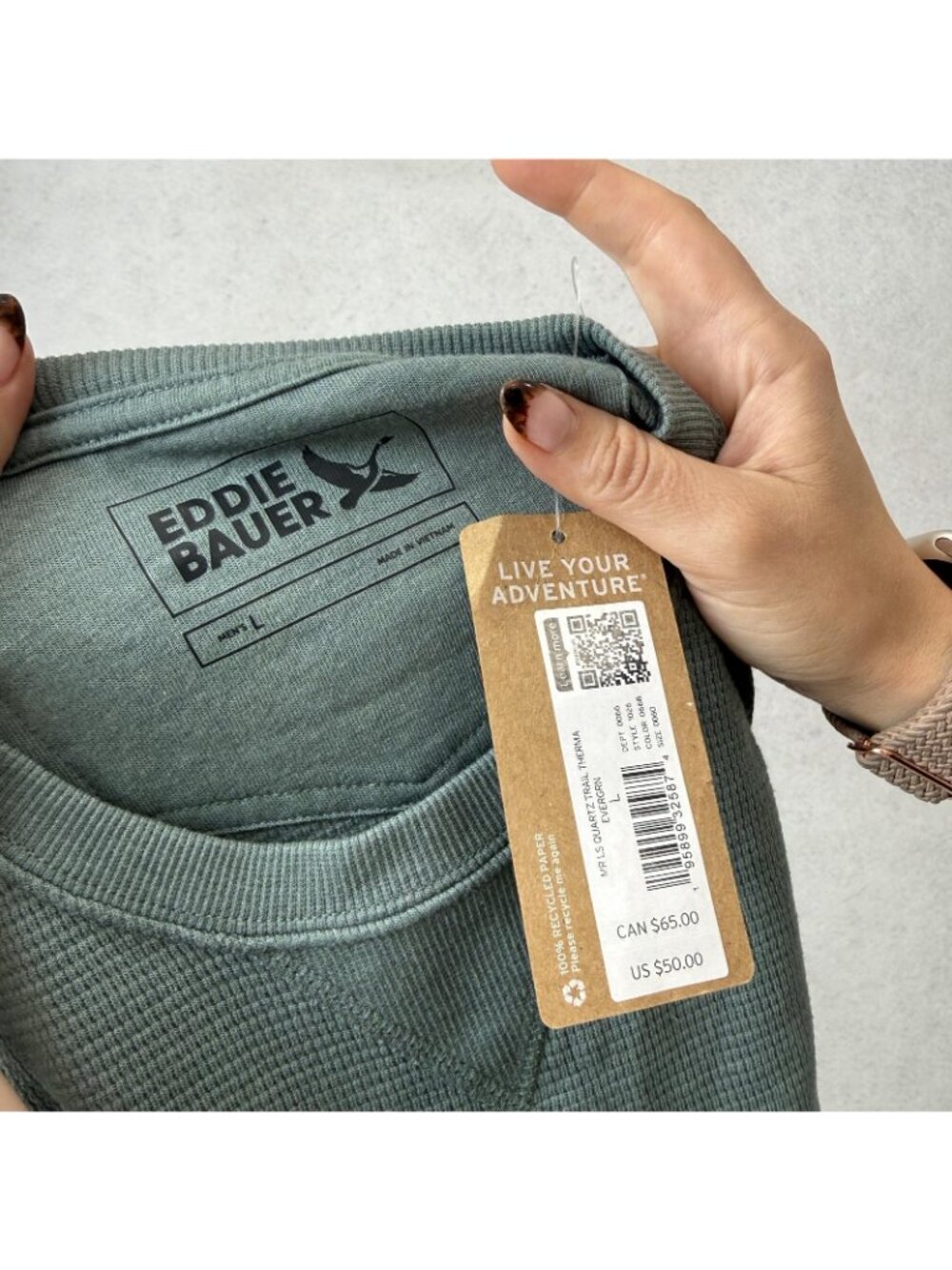Eddie Bauer Shirt Mens Large Green Thermal Long Sleeve Crewneck Knit Waffle - Picture 2 of 9